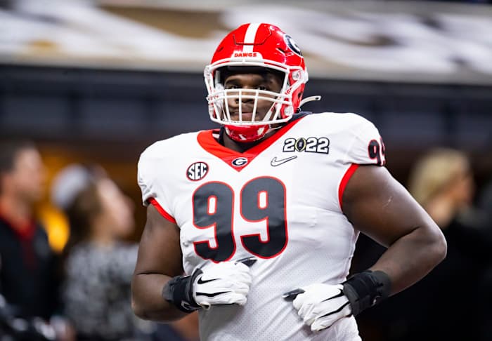 Jan 10, 2022; Indianapolis, IN, USA; Georgia Bulldogs defensive lineman Jordan Davis (99) against the Alabama Crimson Tide in the 2022 CFP college football national championship game at Lucas Oil Stadium. Mandatory Credit: Mark J. Rebilas-USA TODAY Sports